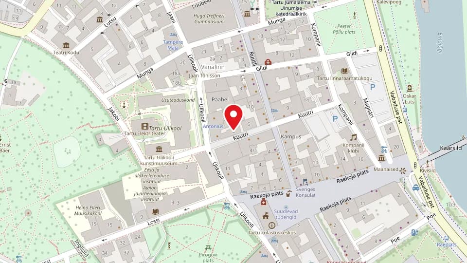 Kaart: Restaurant München asub Küütri 2, Raekoja platsi ja Tartu Ülikooli peahoone vahel
